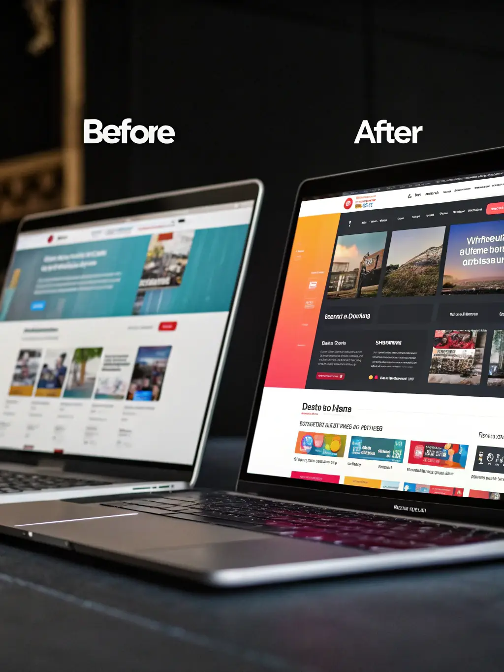 A split-screen image showing a before-and-after website redesign project by Autolytica Solutions. The 'before' side shows an outdated, cluttered website, while the 'after' side displays a modern, user-friendly design.