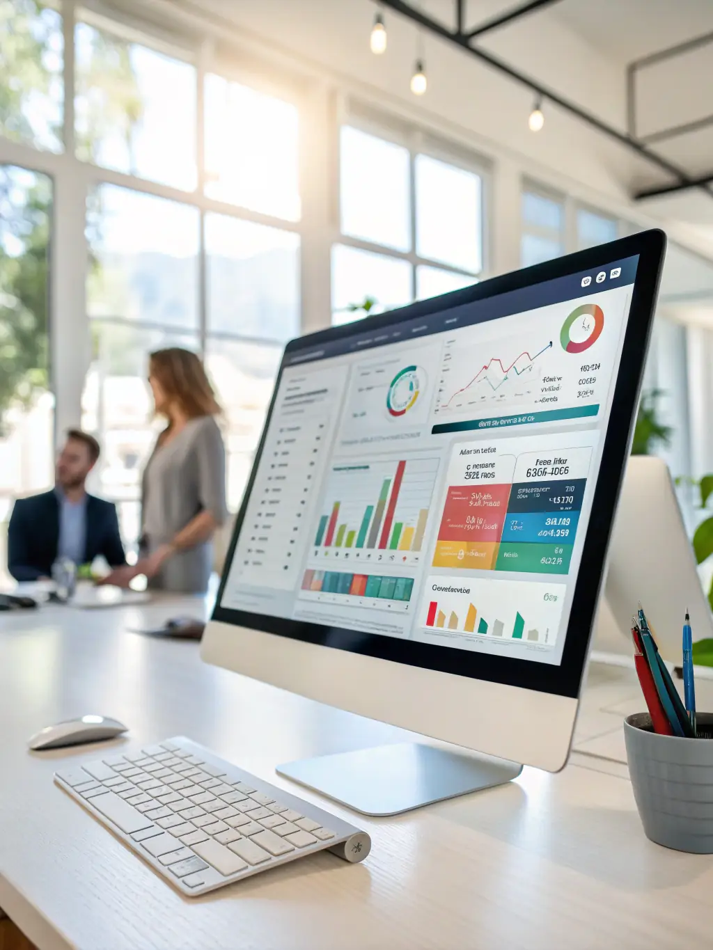 A professional photograph of a modern CRM dashboard interface, showcasing customer data, sales pipelines, and automated task management features, used to illustrate the capabilities of Autolytica Solutions' custom CRM development service.