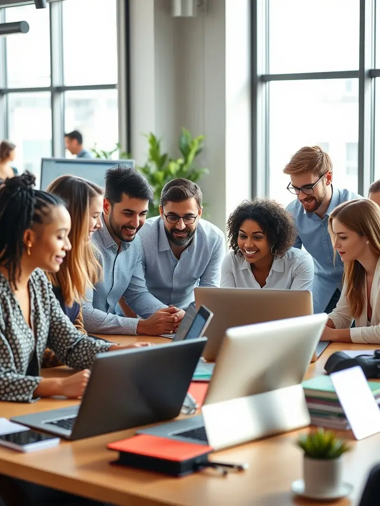 A stock photo of a diverse team collaborating on a digital marketing strategy, showcasing Autolytica Solutions' commitment to providing comprehensive digital solutions for small businesses.